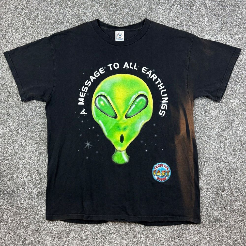 Vintage Alien‎ Shirt Mens XL Black Message To All Earthlings Fart Sound Bleached